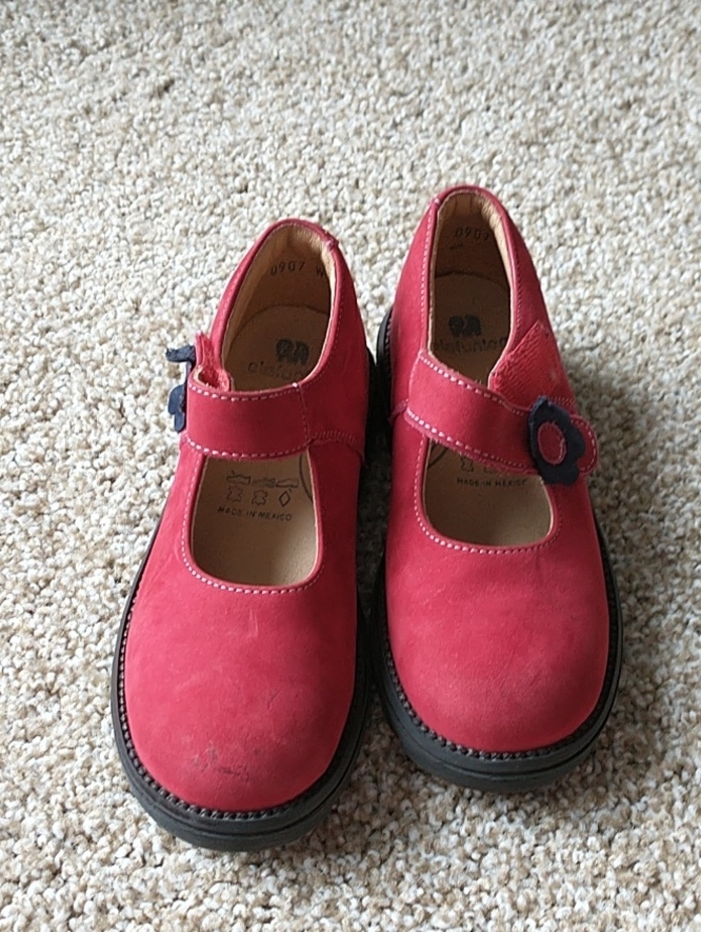Girls Red Mary Jane Dress Shoes with Navy Flower Accent